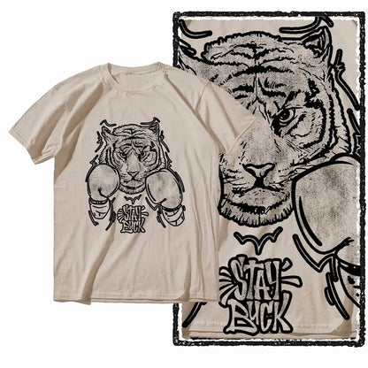 G41 Beige Vintage 100% Cotton Tiger Printed Men's T-shirt |  Streetwear Big Size Cool O-neck men's Tee Tshirt