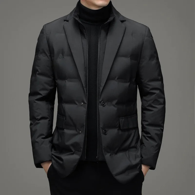 Men's Solid Color Detachable Stand Collar Long Sleeve Casual Business Trendy Down Coats Winter New Fashion Suit Blazers Clothes