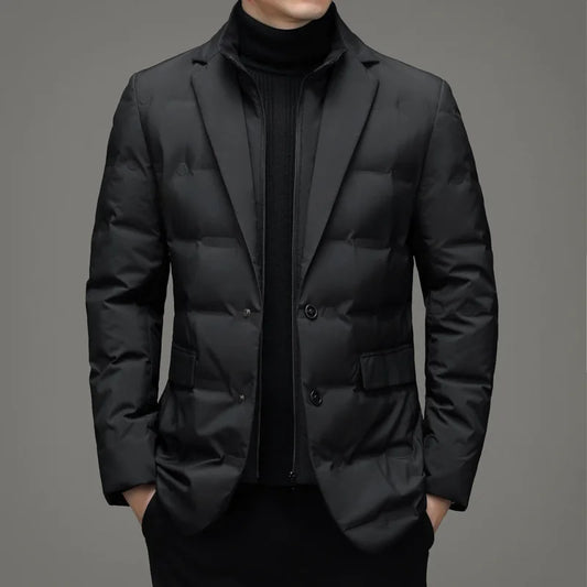 Men's Solid Color Detachable Stand Collar Long Sleeve Casual Business Trendy Down Coats Winter New Fashion Suit Blazers Clothes