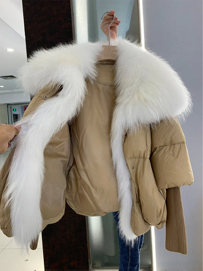 Oversized Winter Warm Real Fox Fur Collar Black Down Coat Women Puffer Outerwear Jackets 2024 Autumn Winter