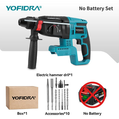 YOFIDRA Brushless Electric Hammer Impact Drill 26MM Cordless Woodworking Impact Drill Power Tools Set For Makita 18V Battery Pin