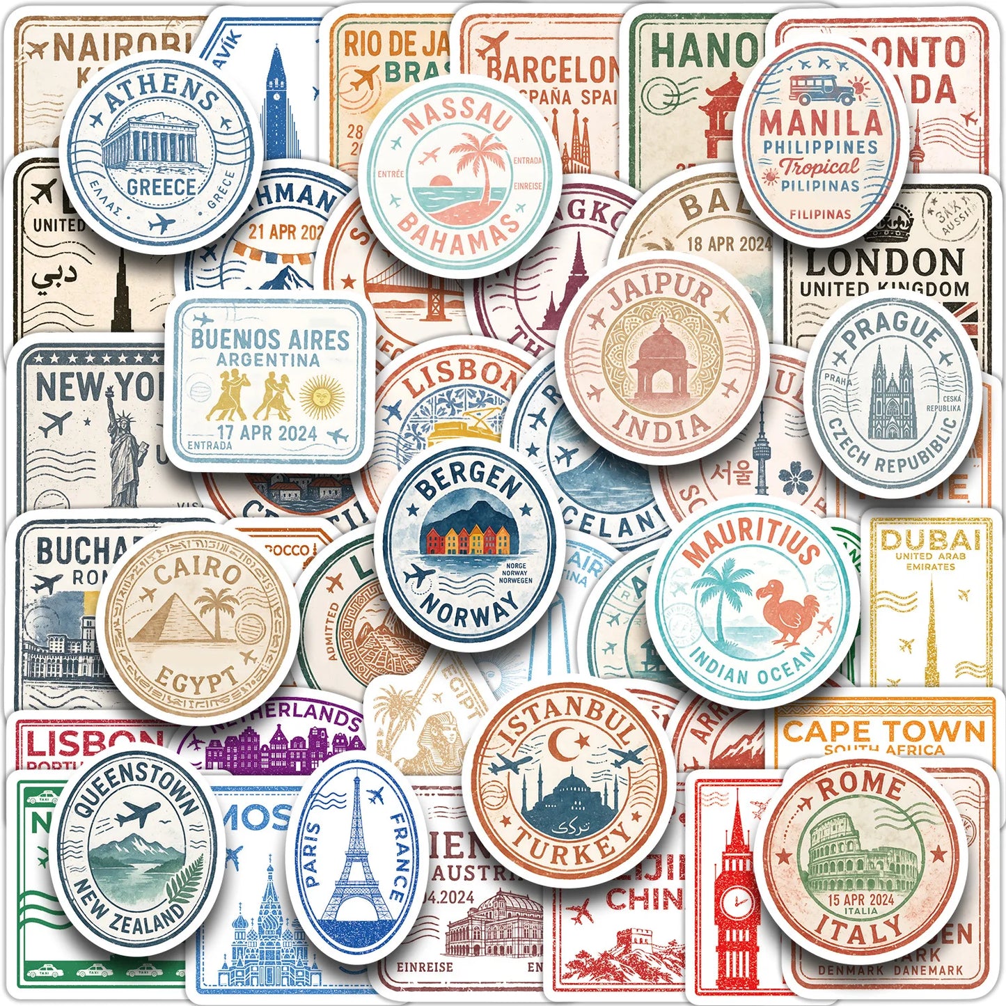 50PCS New Passport Stamp Graffiti Stickers Famous Buildings Travel City Cartoon Decal Laptop Phone Cup Helmet Classic Kid Toys