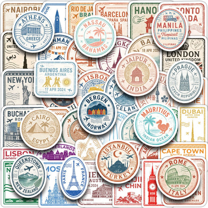 50PCS New Passport Stamp Graffiti Stickers Famous Buildings Travel City Cartoon Decal Laptop Phone Cup Helmet Classic Kid Toys