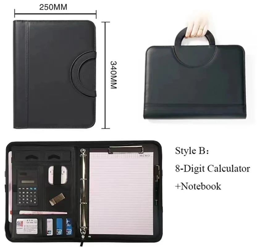 PU leather A4 zipper calculator binder conference file pad folder briefcase tablet portable circular handle file bag