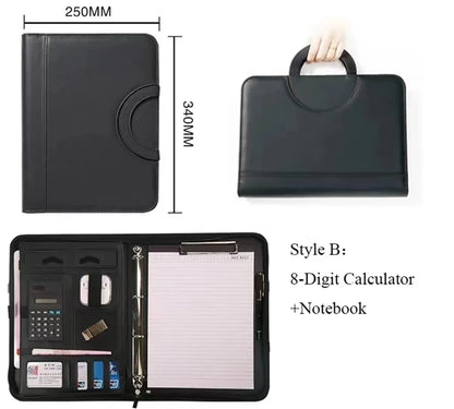 PU leather A4 zipper calculator binder conference file pad folder briefcase tablet portable circular handle file bag