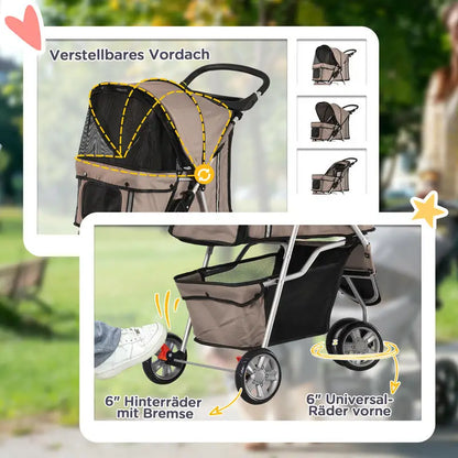 Coffee Foldable Dog and Cat Stroller Buggy, Suitable for Small Pets Weighing up to 10kg, Pet Travel Carrier Stroller with Comfort Cushion, Breathable Mesh Windows, Cup Holder and Extra Storage Bag for Daily Outdoor Use