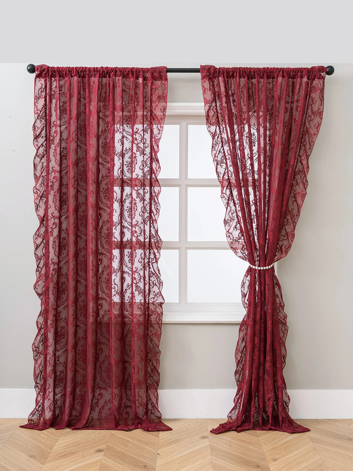Vintage Burgundy Lace Sheer Curtains, Rod Pocket Ruffled Lace Window Curtains for Living Room Bedroom