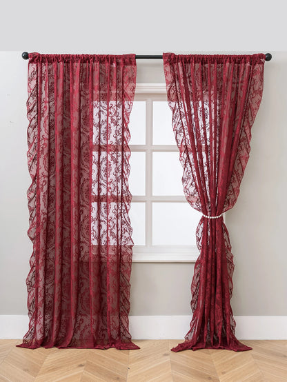 Vintage Burgundy Lace Sheer Curtains, Rod Pocket Ruffled Lace Window Curtains for Living Room Bedroom