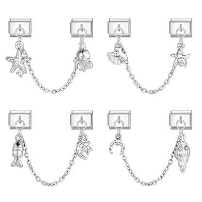 Tassel Chain Butterfly Flowers Star Moon Heart Zircon Italian Charm Links Fit 9mm Bracelet Stainless Steel DIY Jewelry Making
