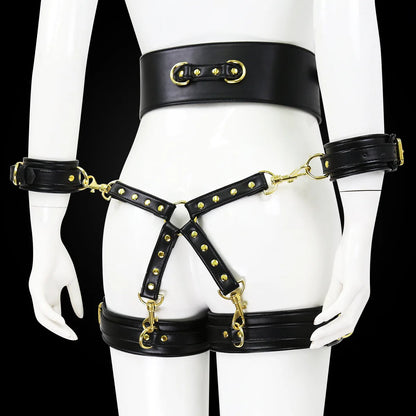 Professional BDSM Red Leather Harness Set Collar Handcuffs Restraint Kit for Women Slave Role Play Fetish Gear Adult Game Toy