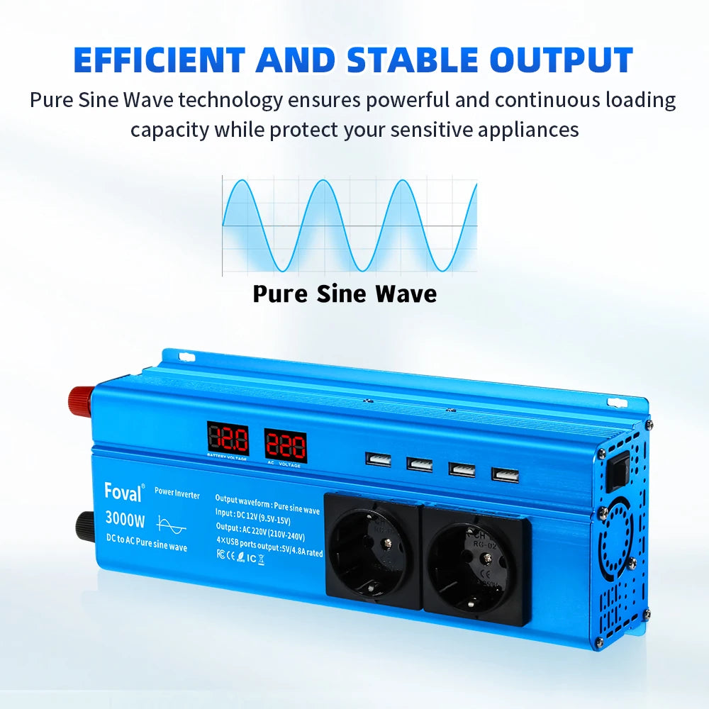Pure Sine Wave Inverter DC 12V to AC 220V 230V 1500W/2200W/2600W/3000W Voltage Transfer Converter EU Socket Auto Accessories