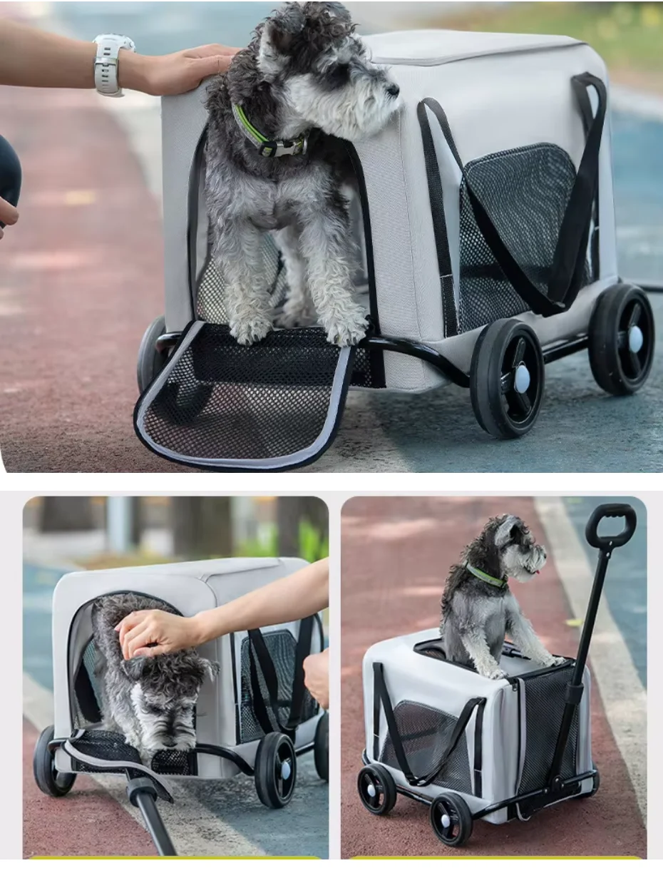 Outdoor Pet Travel Trolley Cart Universal Wheel Stroller Wheeled Box Removable Folding Dog Cat Carrier Bag Large Capacity Safe