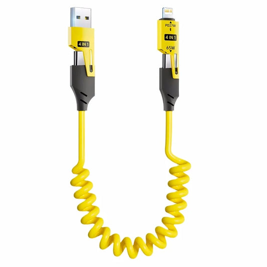 4-in-1 65W spyruoklinis trumpas duomenų kabelis 6A USB Type C spyruoklinis teleskopinis greitasis įkroviklio laidas, spyruoklinis USB kabelis, skirtas iPhone 15 14 13 12