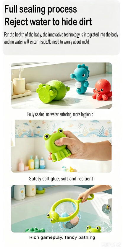 Frog Net Fishing Bath Toy Baby Floating Turtle Animal Squeeze Squeaky Pool Summer Splashing Water Toy Gift