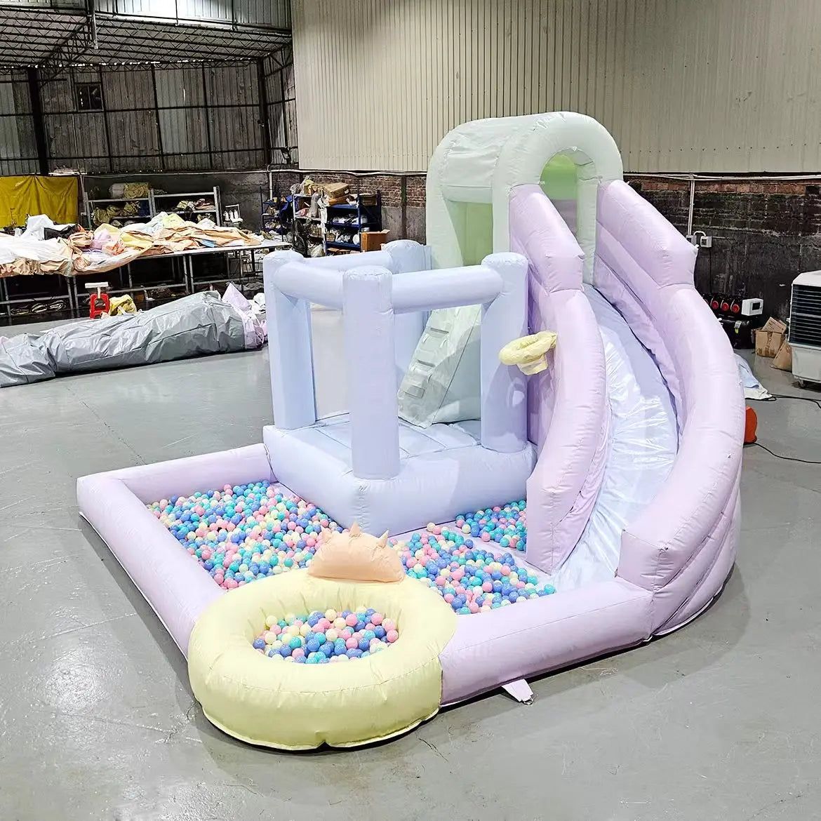 Pastel Macaron Inflatable Bouncer with Water Slide and Ball Pit PVC Wet Dry Bouncy Castle with Basketball Hoop for Kids Party