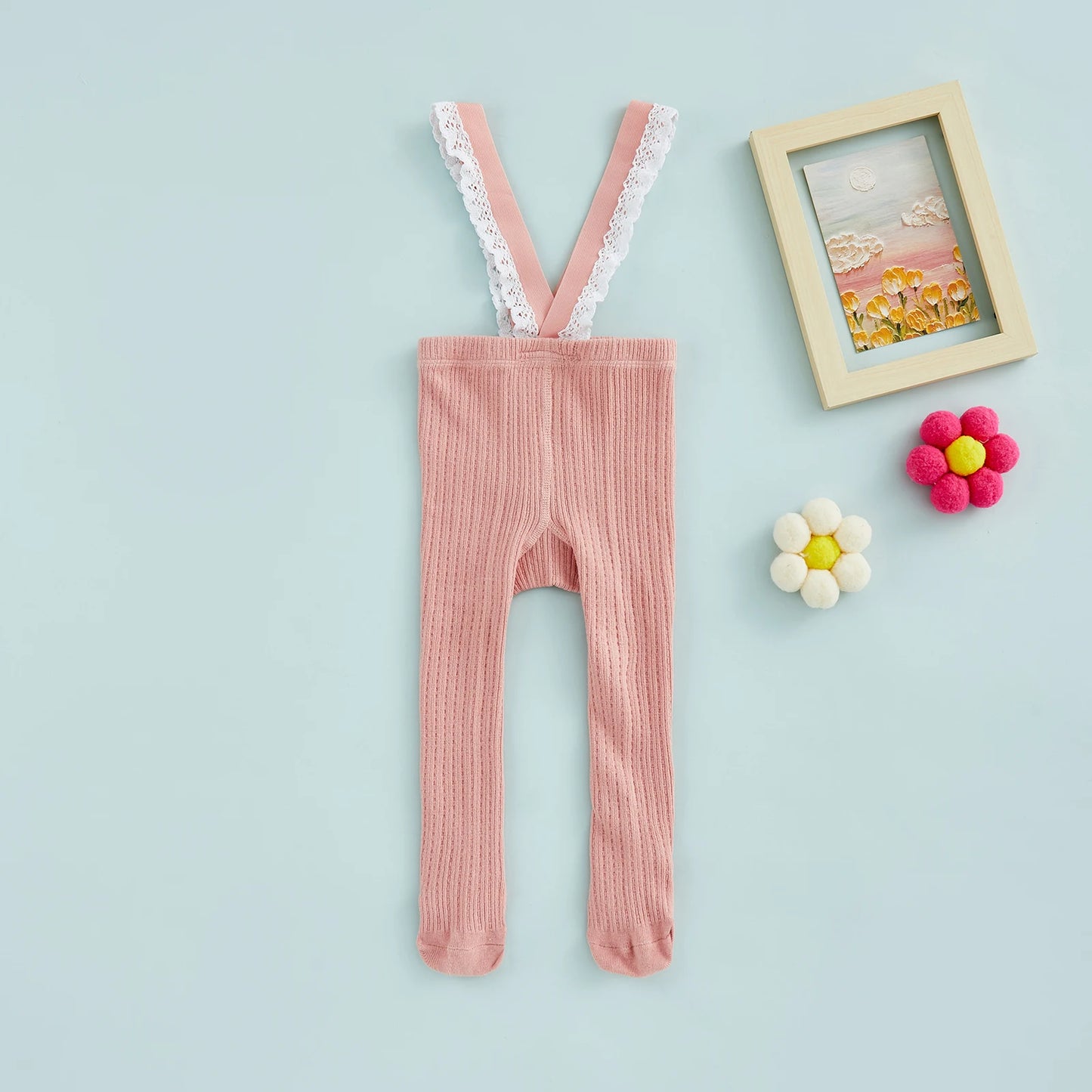 Infant Baby Girls Suspender Pantyhose, High Waist Lace Plain Rib Knitted Footed Leggings Tights 0-1Years