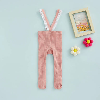 Infant Baby Girls Suspender Pantyhose, High Waist Lace Plain Rib Knitted Footed Leggings Tights 0-1Years