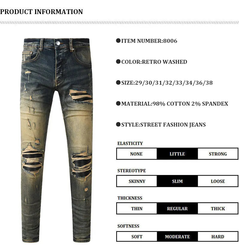 Y2k New Men's Jeans Washed Nostalgic Perforated Black Leather Patch Deep Blue Jeans High Street Designer Hip-Hop Brand High-Qual