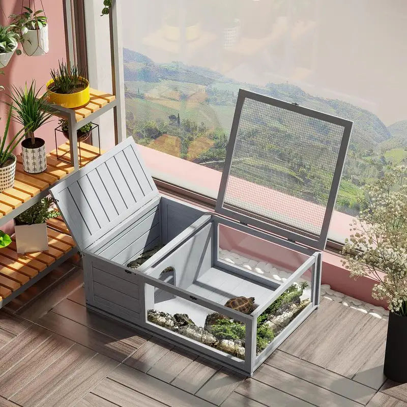 Enclosed House Cage Habitat for Small Animals Turtles with 2 Spaces 91 X 60.5 X 32 cm Solid Wood Gray