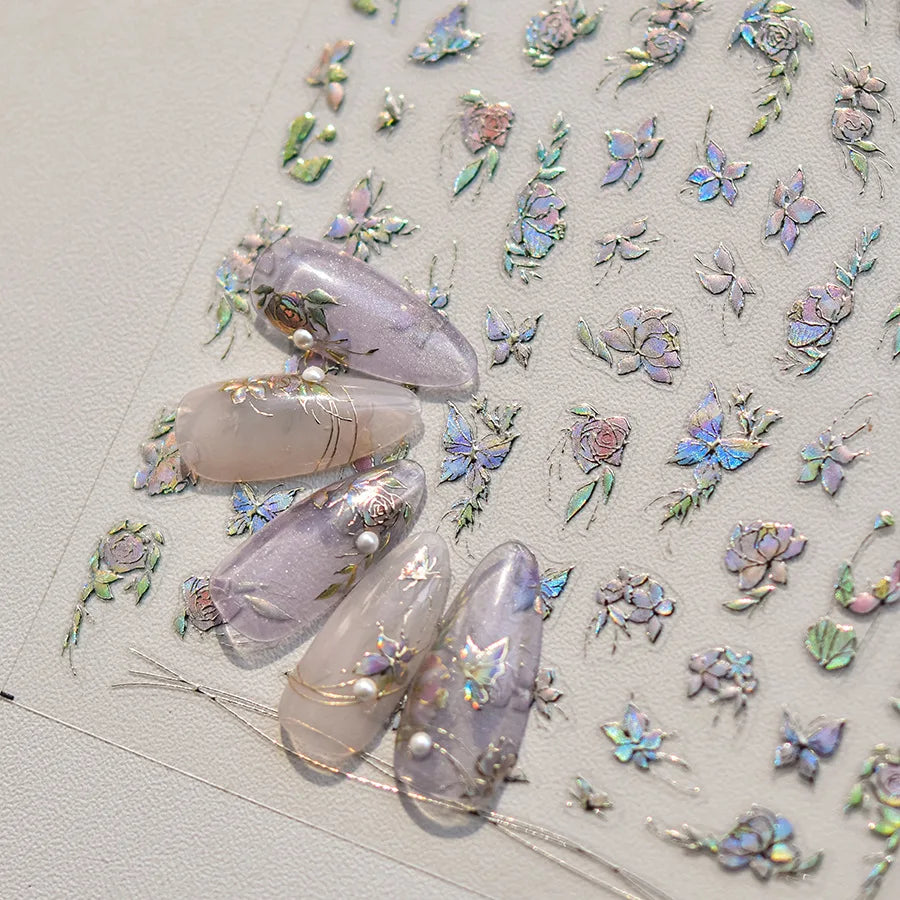 Shiny Jelly Butterfly Charming Golden Gradient Bowknot 5D Self Adhesive Nail Art Sticker Flower Petal Rhinestone Manicure Decals