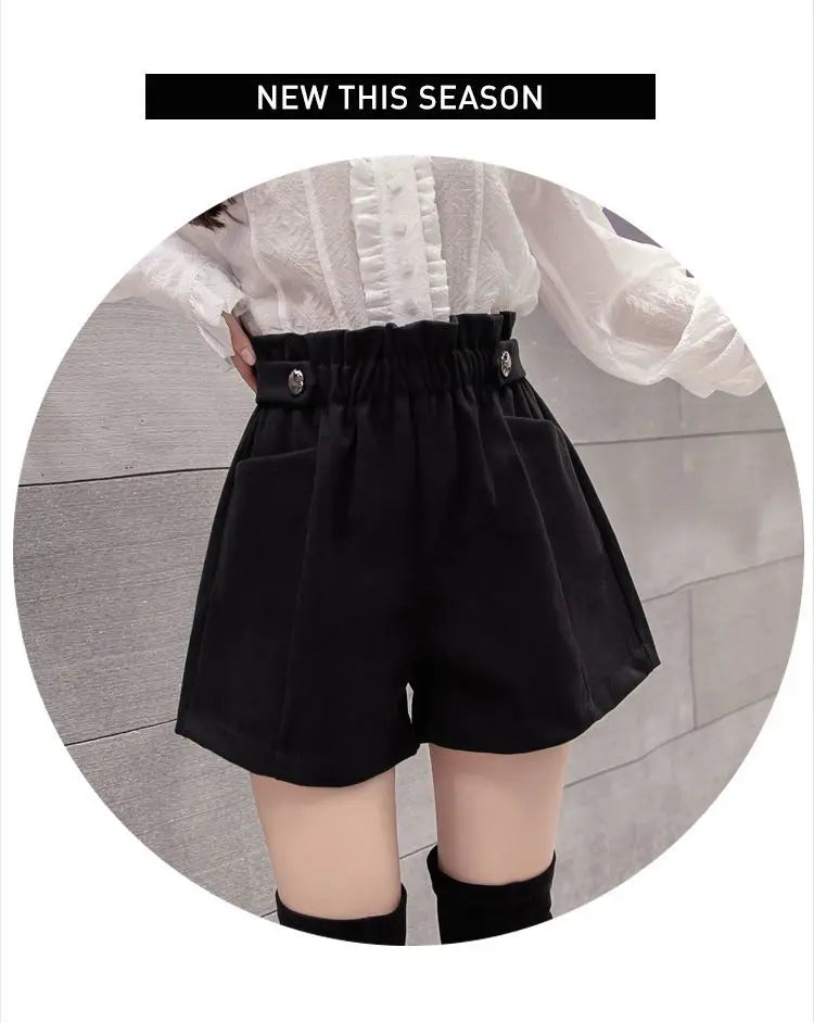 Black Woolen Shorts Women Chic Folds High Waist Design Loose Autumn Winter College Vintage Streetwear Lovely Female Classy Basic