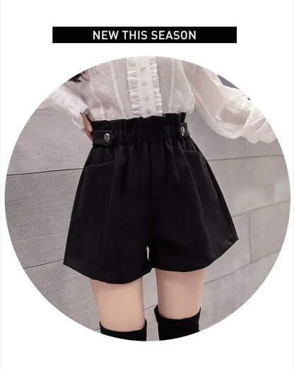 Black Woolen Shorts Women Chic Folds High Waist Design Loose Autumn Winter College Vintage Streetwear Lovely Female Classy Basic