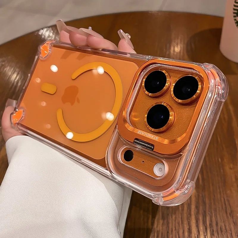 Luxury Transparent Airbag Case For iPhone 17 16 15 14 12 13 Pro Max Plus Air for Magsafe Transparent Camera Stand Holder Cover