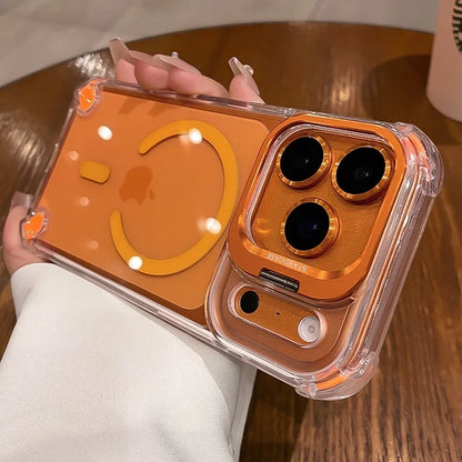 Luxury Transparent Airbag Case For iPhone 17 16 15 14 12 13 Pro Max Plus Air for Magsafe Transparent Camera Stand Holder Cover