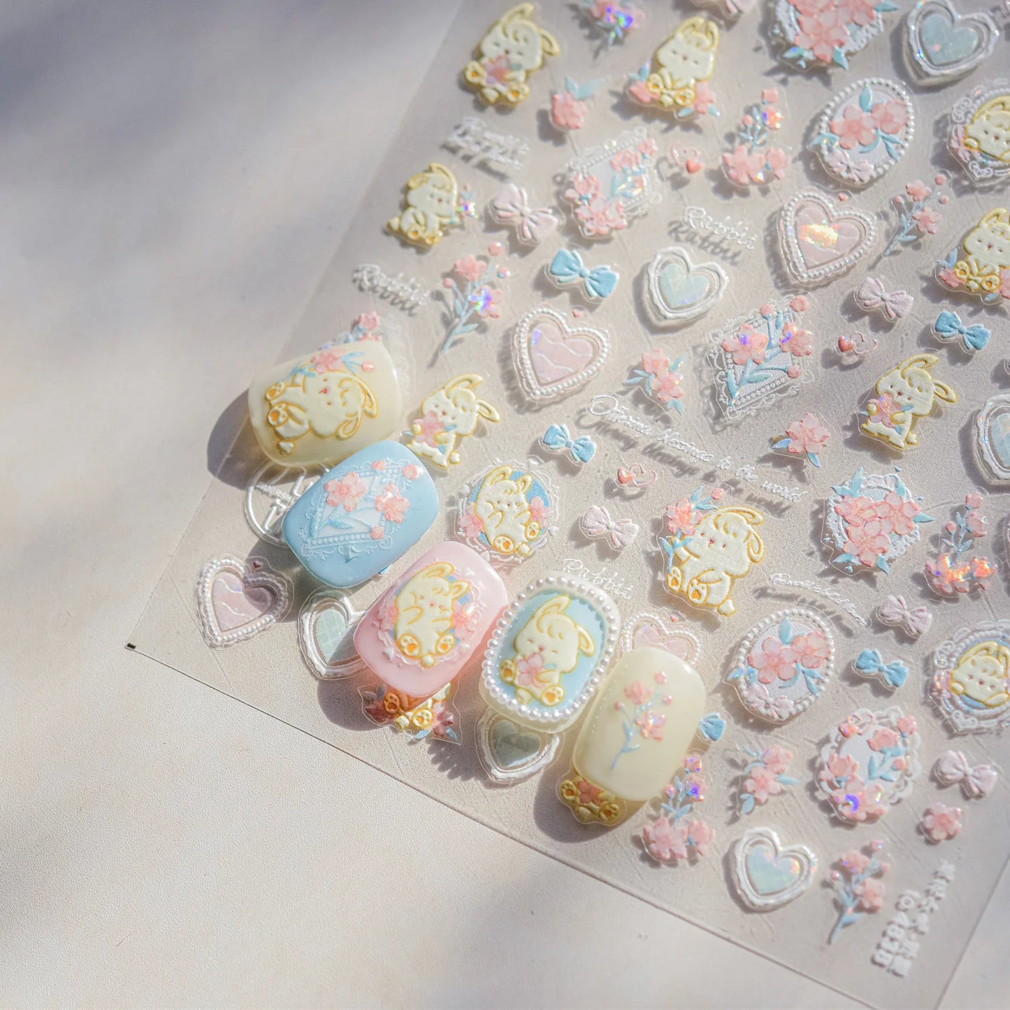 5D Cute Rabbit Love Heart Peach Blossom Flower Yellow Nail Art Stickers Bowknot DIY Self Adhesive Rhinestone Manicure Decals