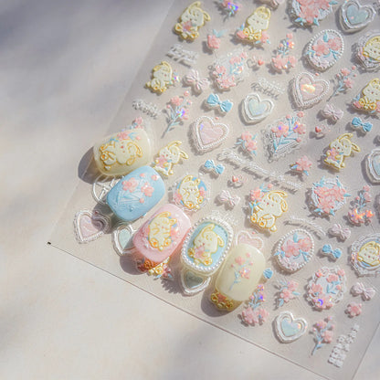 5D Cute Rabbit Love Heart Peach Blossom Flower Yellow Nail Art Stickers Bowknot DIY Self Adhesive Rhinestone Manicure Decals