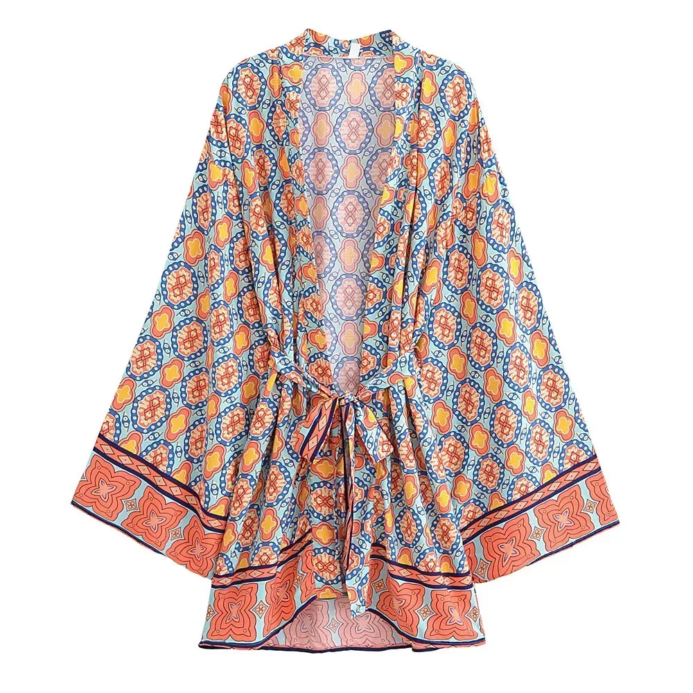 Boho Queens Vintage Peacock Floral Print Sashes Beach Kimono Women Bohemian Wrap Batwing Sleeves Holiday Bikini Cover-ups
