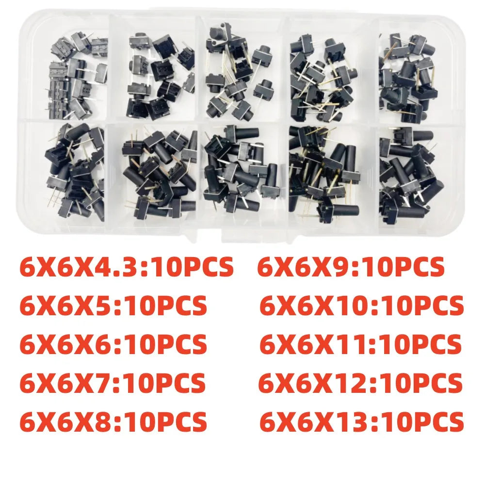 10 Models =100Pcs 6*6 Light Micro Touch Switch Set Push Button Switch Kit Height: 6*6*4.3MM~13MM  DIP SMD 2P/4P 6x6 Keys Tact