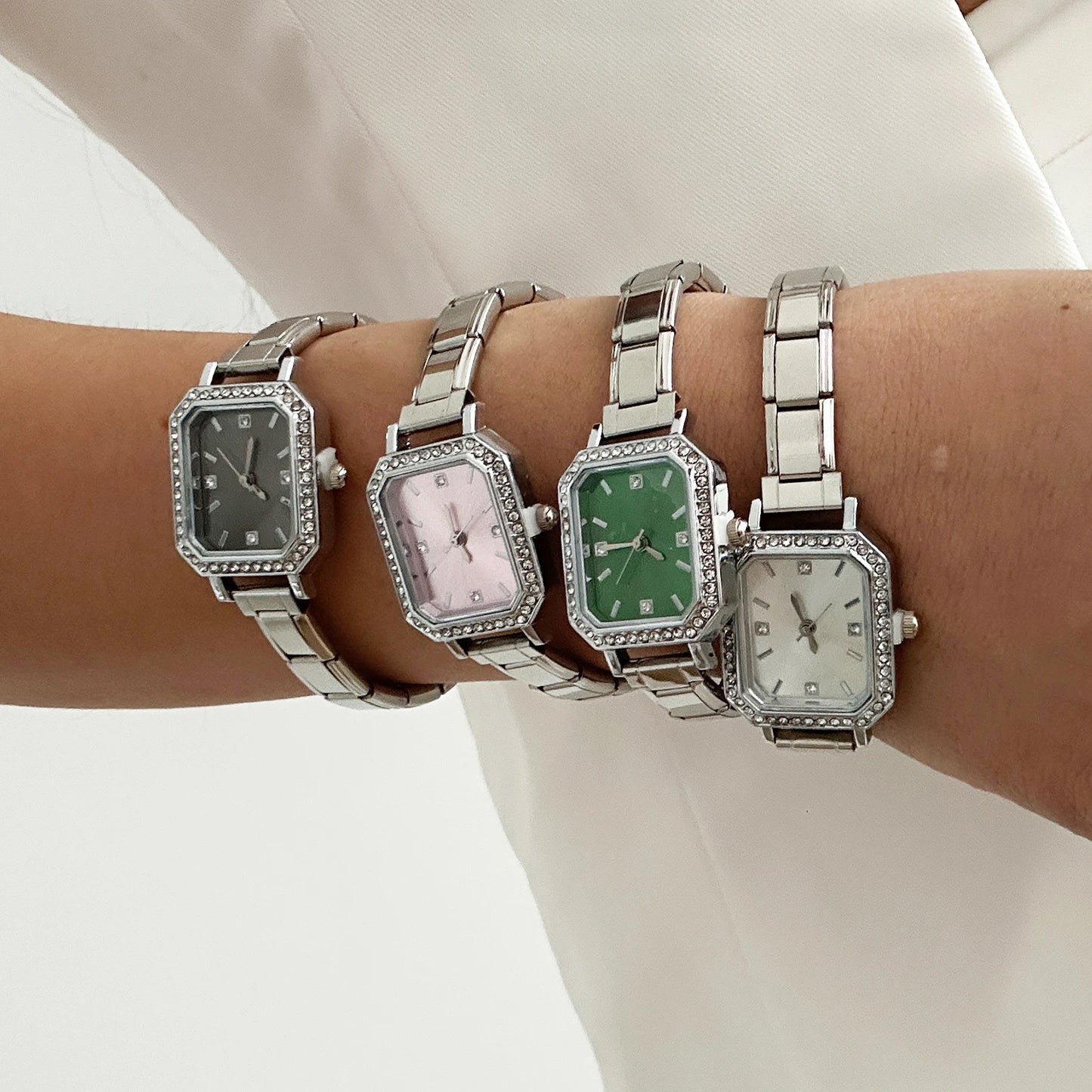 Fashion High Quality Men Women's Stainless Steel Square Round Shiny Zircon Watch Bracelet For Friend Birthday DIY Jewelry Gift