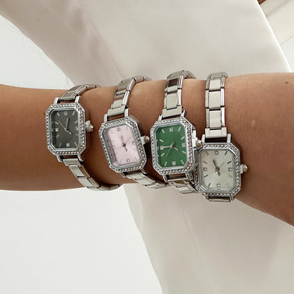 Fashion High Quality Men Women's Stainless Steel Square Round Shiny Zircon Watch Bracelet For Friend Birthday DIY Jewelry Gift
