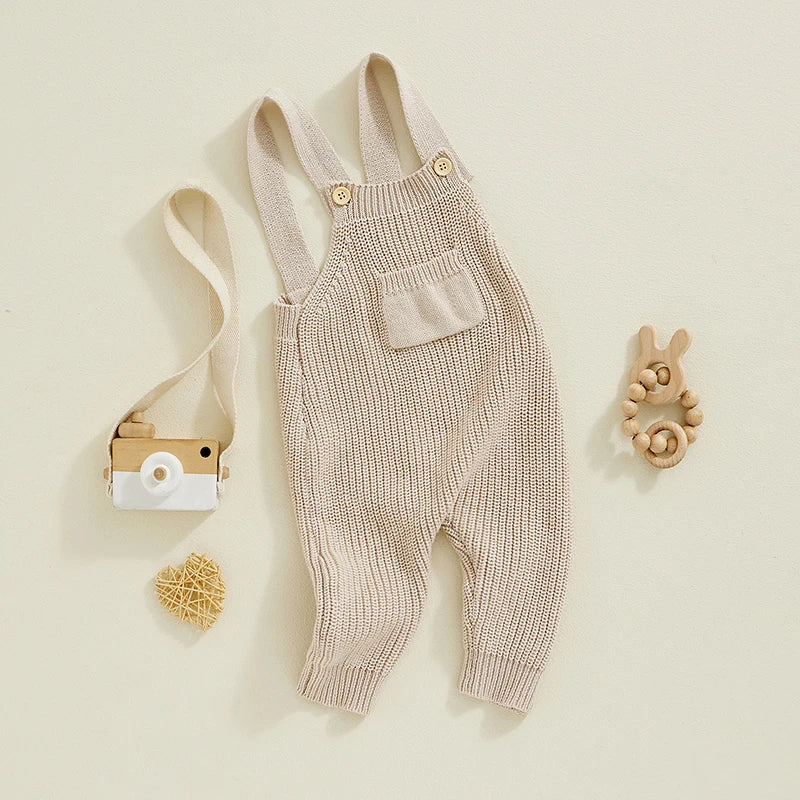 FOCUSNORM 0-3Y Winter Baby Boys Girls Overalls Jumpsuits Sleeveless Front Pocket Solid Color Knitted Romper Outfit