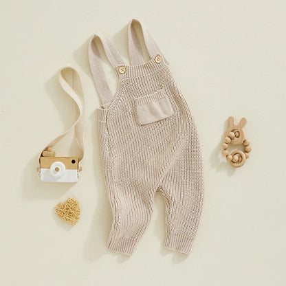FOCUSNORM 0-3Y Winter Baby Boys Girls Overalls Jumpsuits Sleeveless Front Pocket Solid Color Knitted Romper Outfit