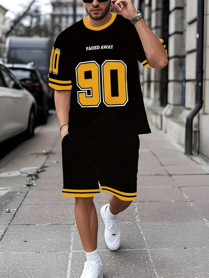 New European & American Style Men's Summer Loose-Fit Set Men's Crew Neck Short-Sleeve Top & Athletic Casual Shorts Two-Piece Set