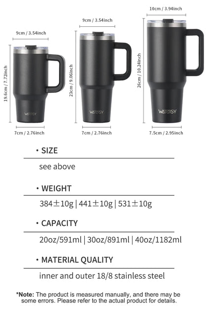 WATERSY 20/30/40oz Tumbler with Handle & Straw, Large Capacity Stainless Steel Thermal Cup, Vacuum Insulated Mug for Car, Travel