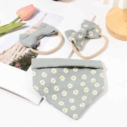3Pcs/Set Muslin Cotton Print Bib Newborn Bows Headband Triangle Saliva Towel Infant Boy Girl Feeding Burp Baby Hair Accessories