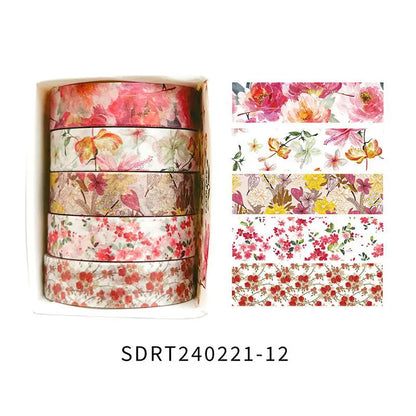 5 Rolls/set Aesthetics Floral Decorative Adhesive Tape Flower Washi Tape DIY Scrapbooking Material Sticker Label Stationery