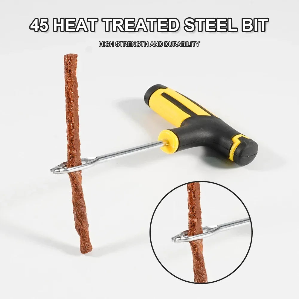 Universal Car Bike Motorcycle Tire Repair Kit - Pro Tubeless Puncture Fix Set w/Studding Tool & Strips Glue Free All Vehicles