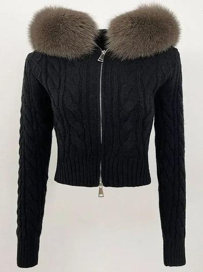 Fashion Natural Fox Fur Collar with Knitted Sweater Women Casual Sweater 2025 New Spring Autumn Slim Fit Elastic Oversized Coat