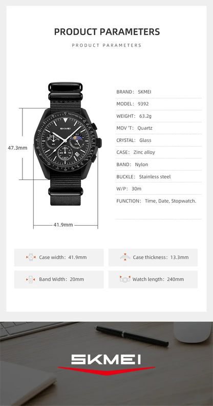 SKMEI 9392 Quartz Chronograph Watches Men Women Date 30M Waterproof Sport Wristwatch Fashion Nylon Strap Watch Gifts Reloj Mujer