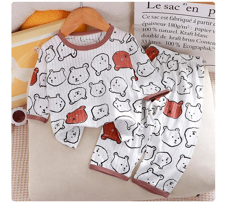 1Set Summer Pour Cotton Boy Girl Outfit Baby Infant T-shirt+Pant Set Kid Cartoon Clothe Set Children Solid Air Conditioning Suit
