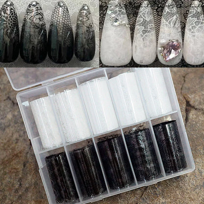 10 Rolls/Box New Black&White Lace Nail Transfer Stickers Sexy Lace Flower Full Wraps Nail Decals DIY French Manicure Decorations