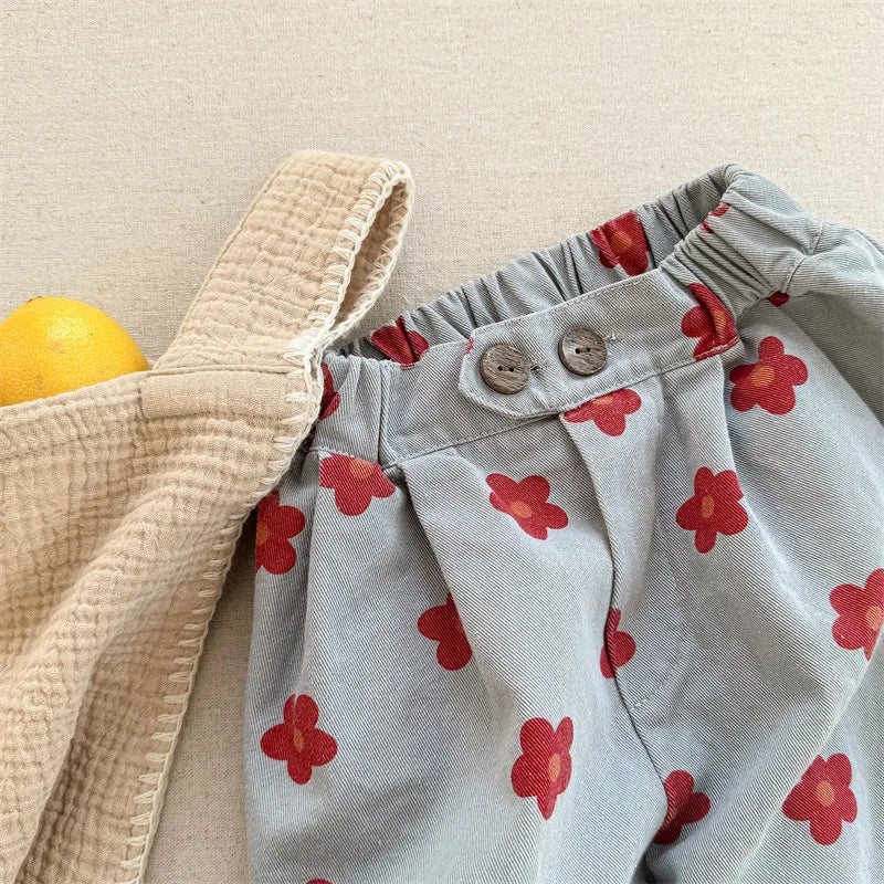 Spring/Summer Calf Length Pants for Girls Floral Print Anti-mosquito Breeches Korean Kid's Loose 7 Point Pants Childrens Clothes