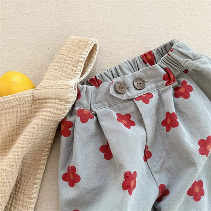 Spring/Summer Calf Length Pants for Girls Floral Print Anti-mosquito Breeches Korean Kid's Loose 7 Point Pants Childrens Clothes
