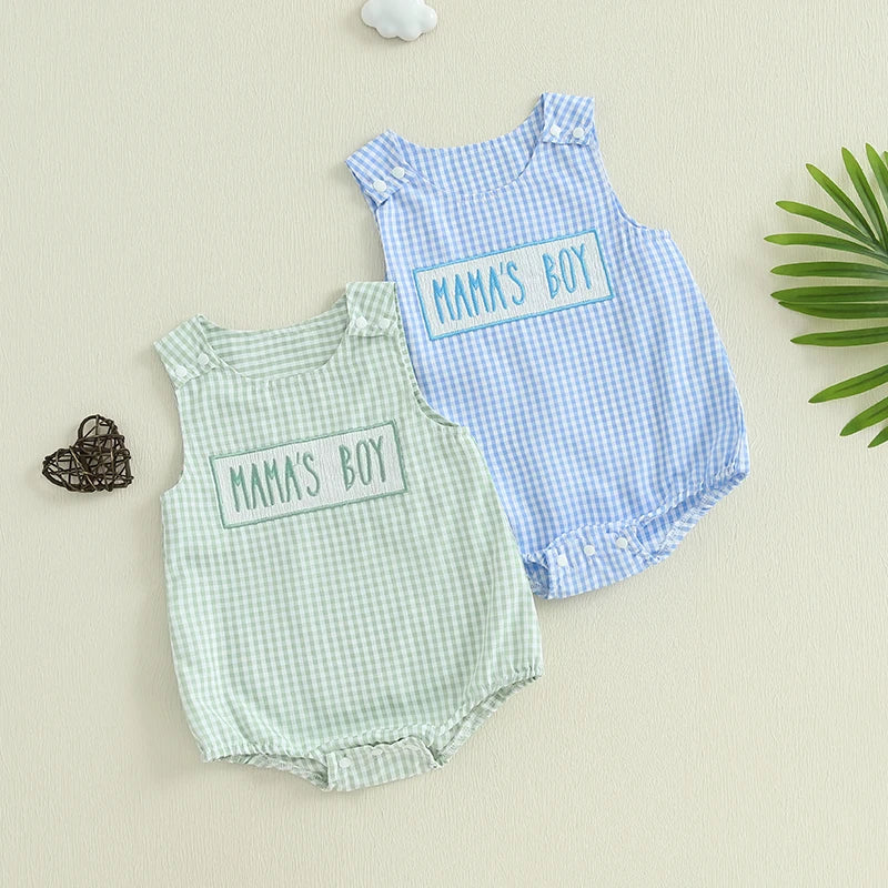 Baby Boy Summer Romper Overalls Letter Embroidery Plaid Print Sleeveless Round Neck Jumpsuit Newborn Baby Boy Clothes