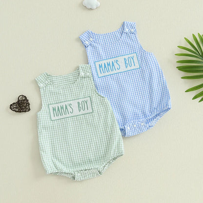 Baby Boy Summer Romper Overalls Letter Embroidery Plaid Print Sleeveless Round Neck Jumpsuit Newborn Baby Boy Clothes