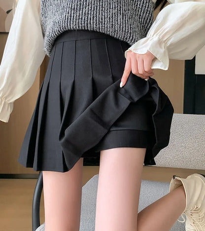 Autumn Winter Woolen Pleated Skirts Women New Korean High Waist Slimming Mini Skirt Ladies Preppy Style Side Zipper A-Line Skirt
